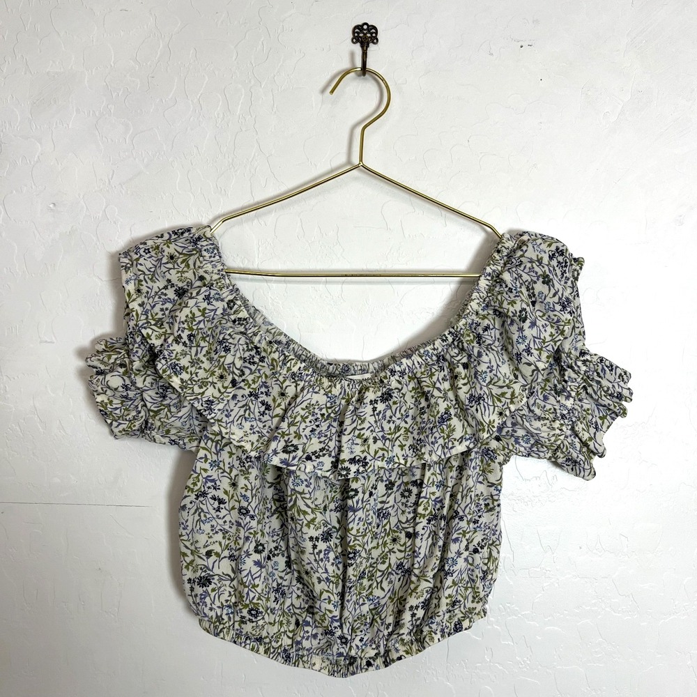 American Eagle Floral Off the Shoulder Smocked Crop Top Viscose Blue Green Sz S